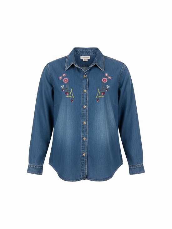 Cabin Creek Tops - Cabin Creek Cotton Denim Shirt Flowers Button Down Blue Denim